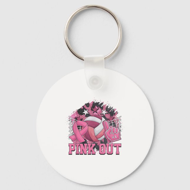 Nk Out Volleyball Ribbon Breast Cancer Awareness  Keychain (Front)