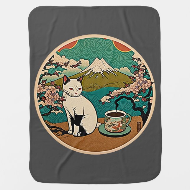 No 01, Happy Hawaiian Lucky Cat Drinking Coffee Baby Blanket (Front)