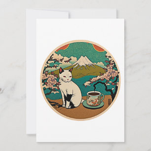 No 01, Happy Hawaiian Lucky Cat Drinking Coffee Thank You Card