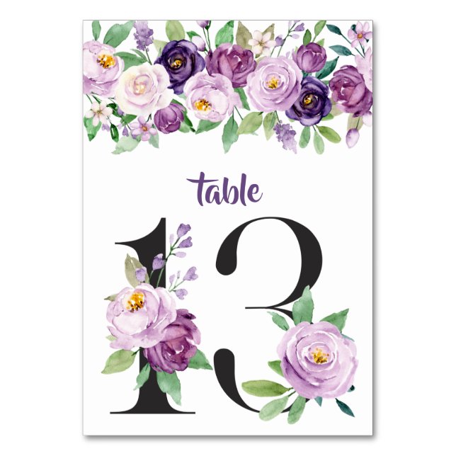 No. 13 Purple & Lavender Watercolor Roses Table Number (Front)