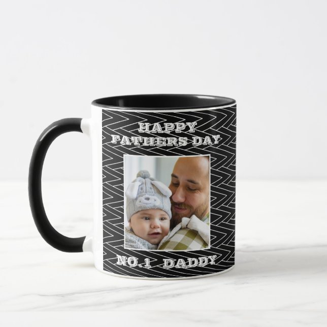 No.1 Daddy Black And White Zig Zag Name And Photo Mug (Left)