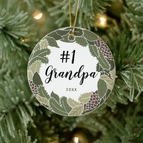 No 1 Grandpa Personalized Granddad Cedar Wreath Ceramic Ornament