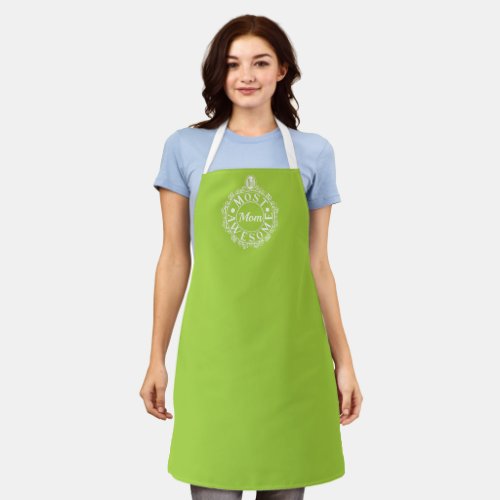 No1 Most Awesome Mom Emblem Classic White on lime Apron