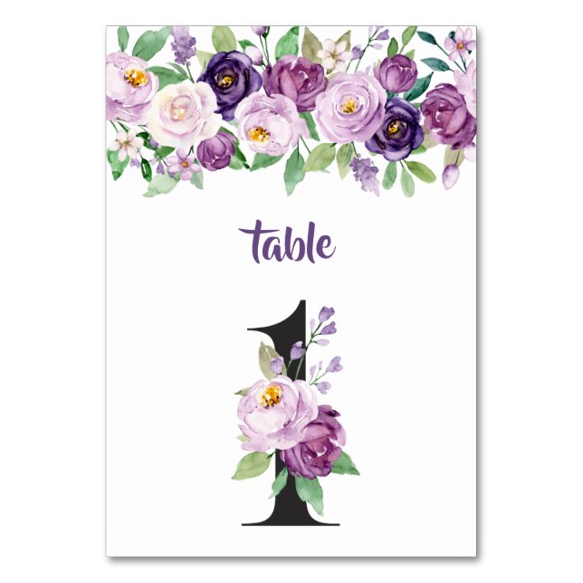 No. 1 Purple & Lavender Watercolor Roses Table Number (Front)