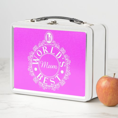 No1 Worlds Best Mom Emblem Classic White on pink Metal Lunch Box