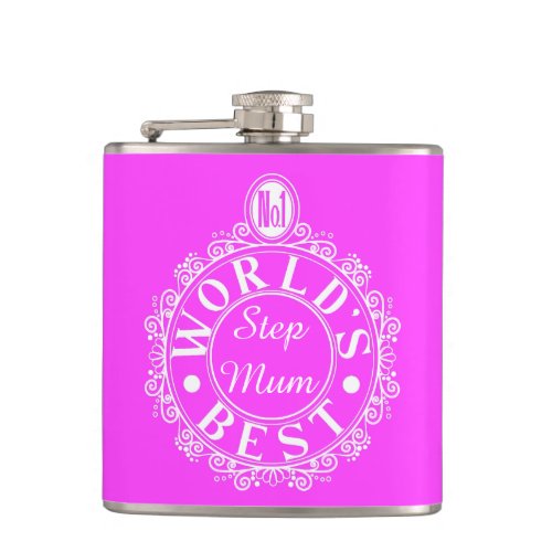 No1 Worldâs Best Step Mom Classic White on pink Flask
