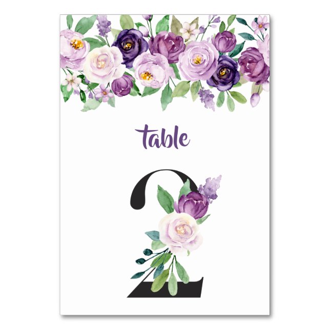 No. 2 Purple & Lavender Watercolor Roses Table Number (Front)