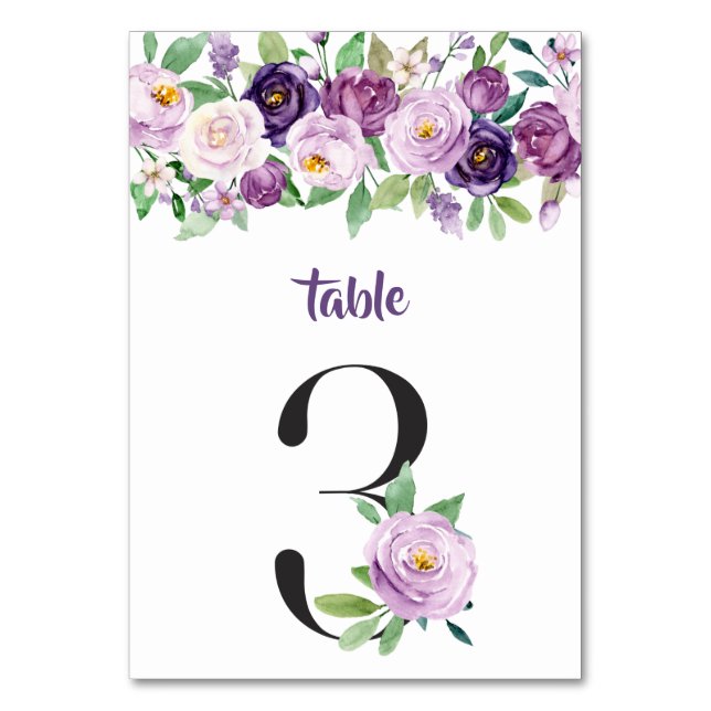 No. 3 Purple & Lavender Watercolor Roses Table Number (Front)