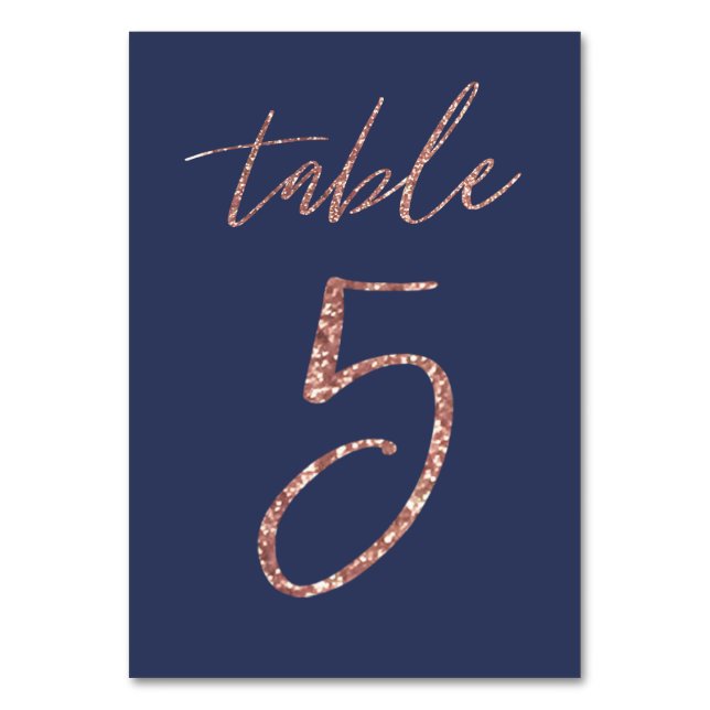 No, 5 - Glam Glitter Rose Gold and Blue Wedding Table Number (Front)