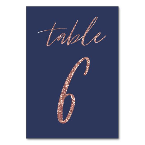 No 6 _ Glam Glitter Rose Gold and Blue Wedding Table Number