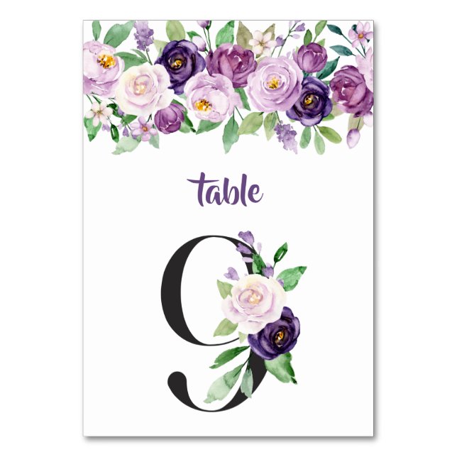 No. 9 Purple & Lavender Watercolor Roses Table Number (Front)