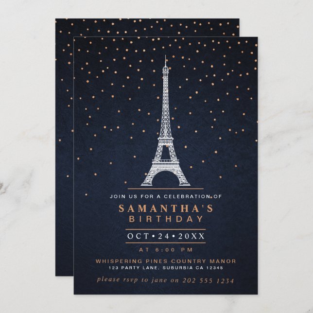 NO AGE Modern Navy Blue & Copper Paris Birthday Invitation (Front/Back)