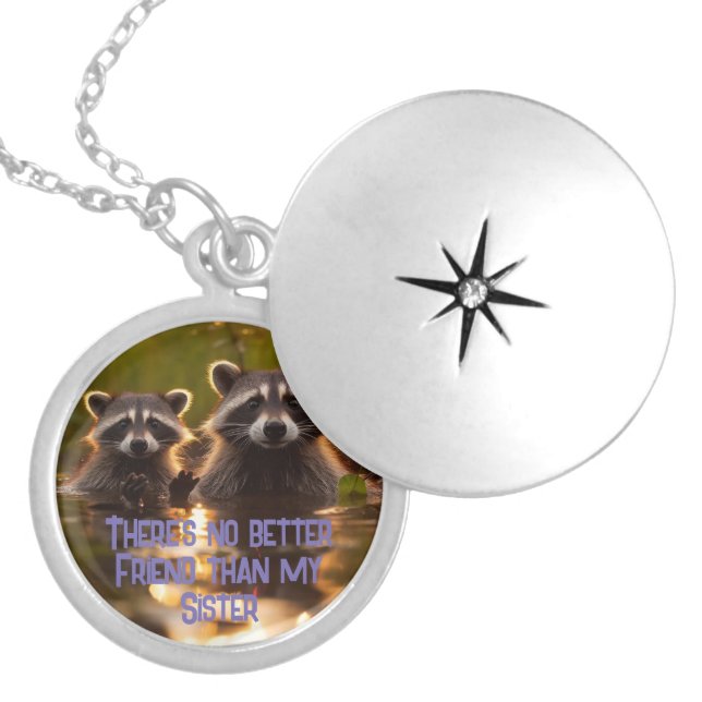 No Better Friend than MY Sister Raccoon Quote Locket Necklace (Front)