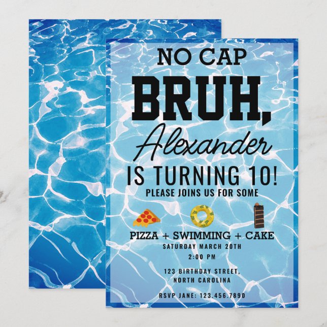 No Cap Bruh, Boy Teenager Birthday Pizza Pool  Invitation (Front/Back)