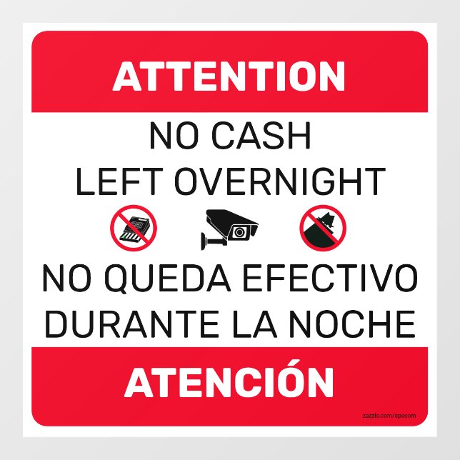 No Cash Left Overnight door window sign. Square Cling (Sheet)