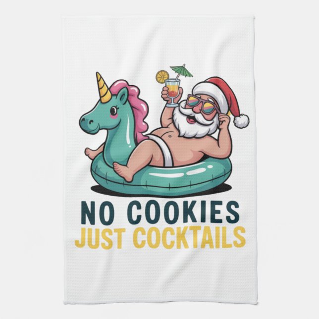 No Cookies Just Cocktails Santa Summer Christmas  Kitchen Towel (Vertical)