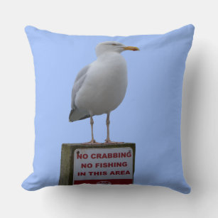 No Crabbing No Fishing Sign Seagull Looe Cornwall Throw Pillow