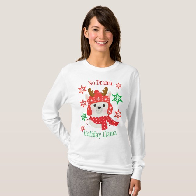 No Drama Holiday Christmas Llama T-Shirt (Front Full)