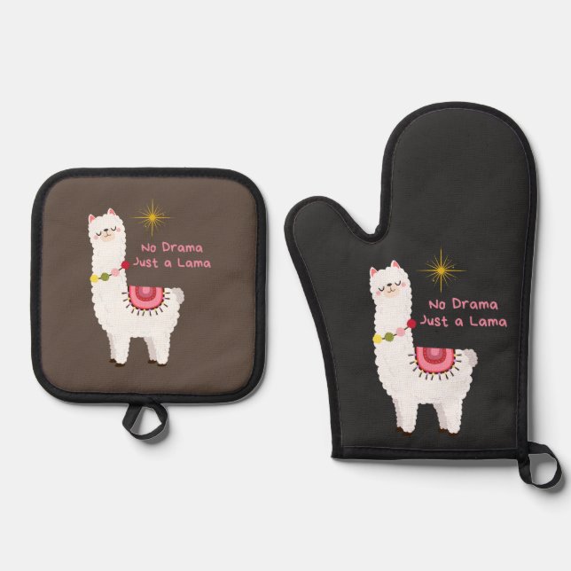 no drama, just a lama oven mitt & pot holder set (Front)