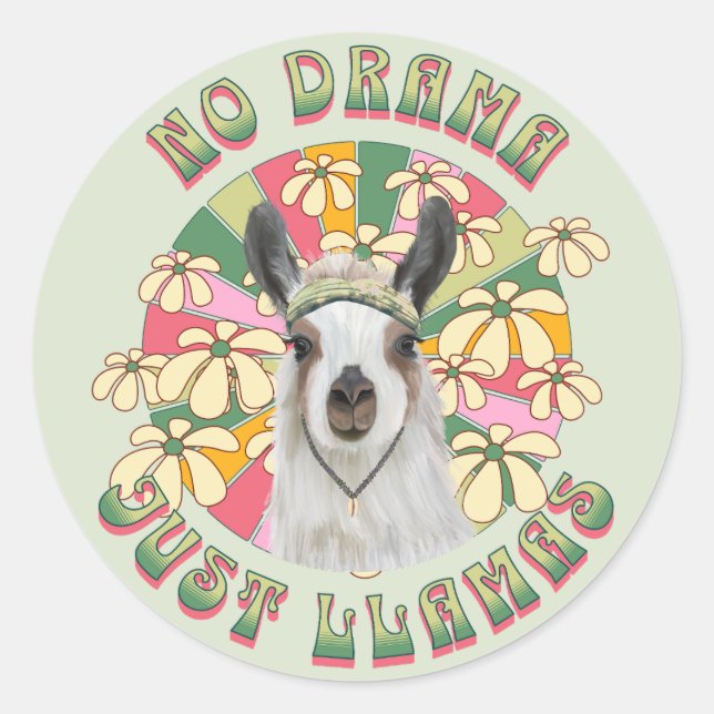 No Drama Just Llamas - Cute Groovy Boho Llama Classic Round Sticker (Front)