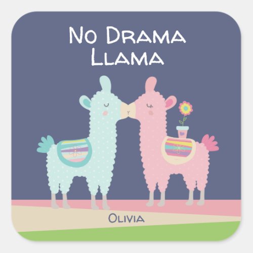 No Drama Llama cute pink blue cool school name Square Sticker