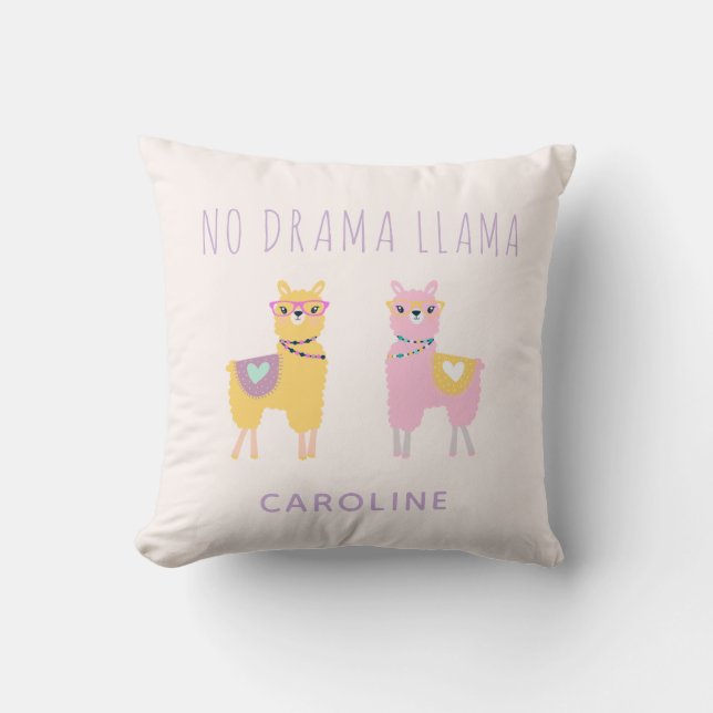 No Drama Llama Cute Pink Purple Personalized Throw Pillow (Front)
