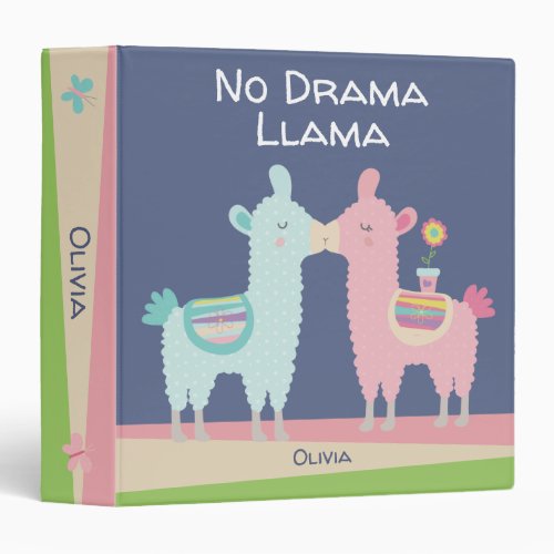 No Drama Llama Pink Blue Cool Cute Girly School 3 Ring Binder