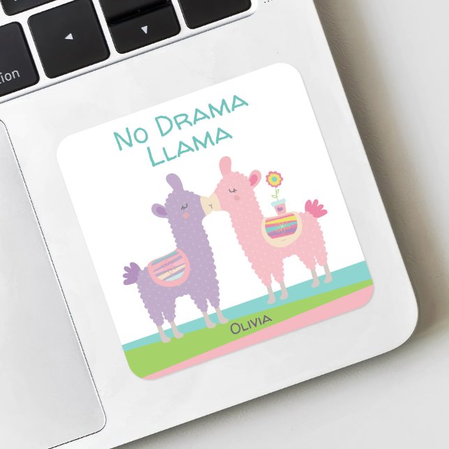 No Drama Llama Pink Purple Turquoise Name School Square Sticker (Creator Uploaded)