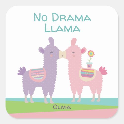 No Drama Llama Pink Purple Turquoise Name School Square Sticker