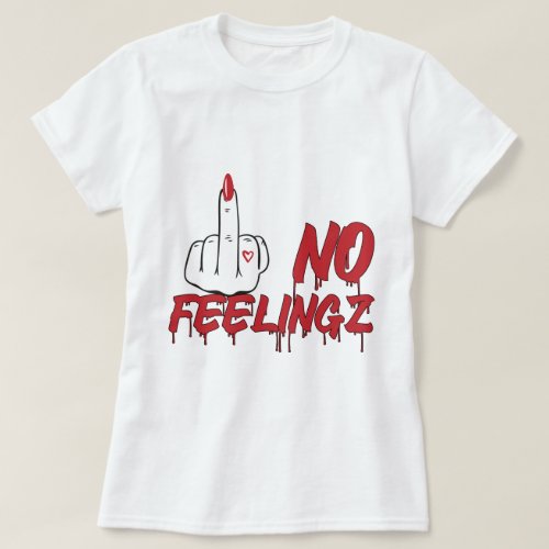 The "No Feelings" tee, a bold statement piece designed for those who've embraced the ethos of anti-love and are all about that hip hop vibe. Crafted with the finest materials and attention to detail, this tee is not just a garment; it's a declaration of independence, a nod to the power of self-love, and a celebration of individuality. Picture this: a crisp white canvas adorned with striking red dripping typography that spells out "No Feelings" in a font so fresh it practically oozes attitude. Paired alongside is a slender female hand, elegantly showcasing a raised middle finger, adorned with pretty red nail polish that pops against the stark backdrop. It's a graphic that commands attention, serving as a reminder that sometimes, the best love is the love you give yourself. For the ladies who rock their urban streetwear style with confidence, this tee is a must-have addition to your wardrobe. Whether you're hitting the streets with your crew or stepping out solo, let this tee do the talking for you. It's not just clothing; it's a movement, a symbol of empowerment, and a reflection of your unapologetic authenticity. But let's talk quality. We know you expect nothing but the best when it comes to your threads, and we're here to deliver. Our "No Feelings" tee is crafted with premium materials, ensuring a soft, comfortable fit that feels as good as it looks. We've spared no expense in ensuring that the craftsmanship rivals that of other top brands, because we believe that you deserve nothing but the best. Valentine's Day might come and go, but the message of this tee is timeless: love yourself first, and the rest will follow. It's a sentiment that transcends romantic relationships, speaking directly to the hearts of those who've chosen to prioritize their own happiness above all else. So go ahead, make a statement. Be bold, be unapologetic, and above all, be true to yourself. Our "No Feelings" tee isn't just a piece of clothing; it's a reflection of your attitude, your style, and your unwavering commitment to being authentically you. Join the movement today and let your tee do the talking. Because when it comes to love, sometimes, it's better to have "No Feelings" at all.