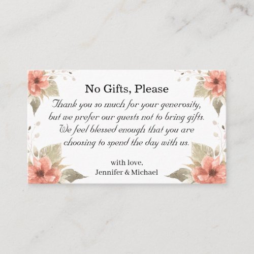 no gifts please note on wedding gifts floral chic enclosure card