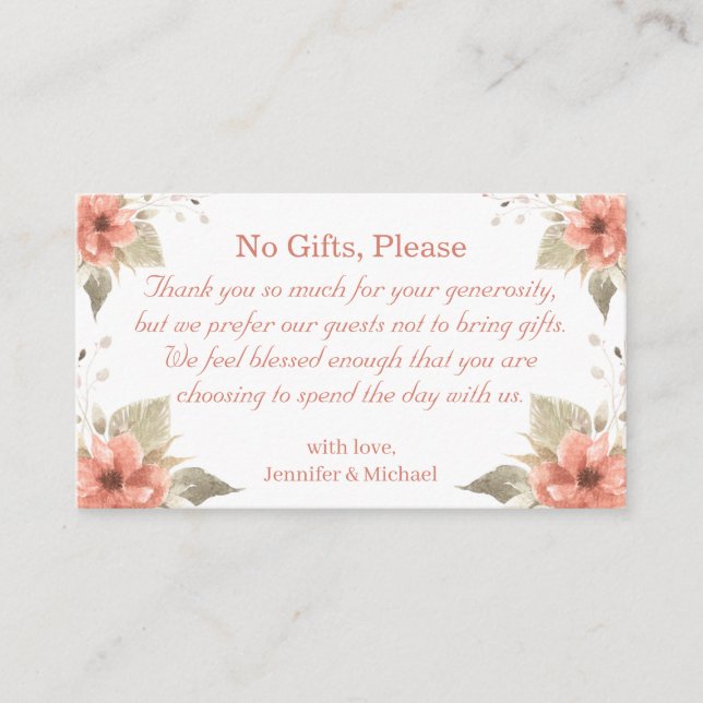 no gifts please, note on wedding gifts floral enclosure card (Front)
