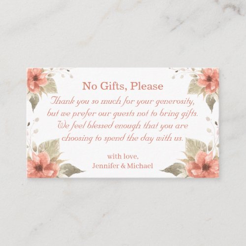 no gifts please note on wedding gifts floral enclosure card