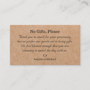 no gifts please, note on wedding gifts kraft brown enclosure card
