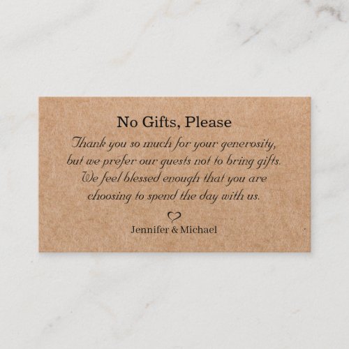 no gifts please note on wedding gifts kraft brown enclosure card