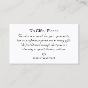 no gifts please, note on wedding gifts minimalist enclosure card