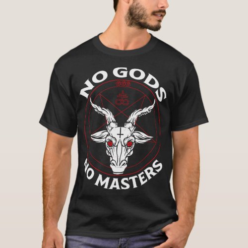 No Gods No Masters Baphomet Pentagram Atheist Sata T_Shirt