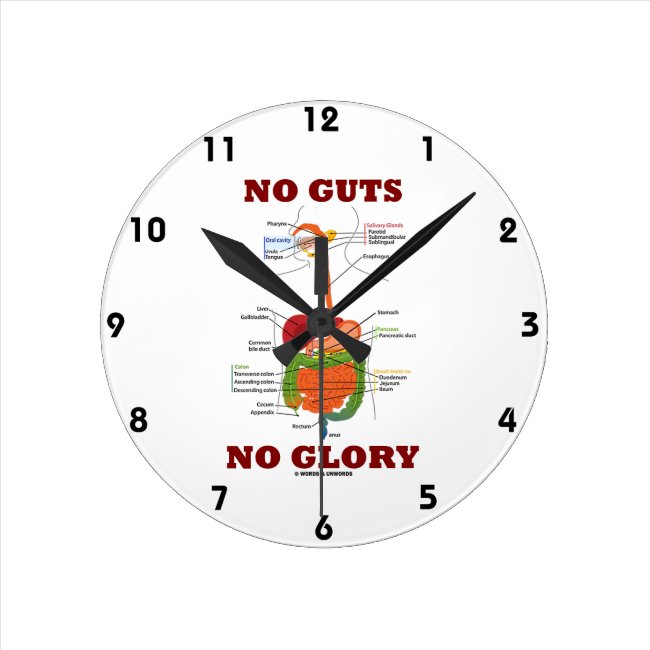 No Guts No Glory (Digestive System Humor) Round Clock