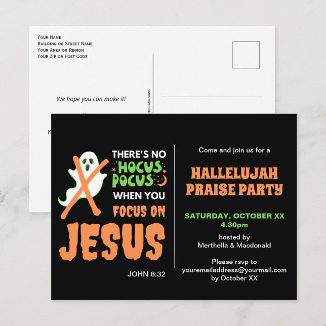 NO HOCUS POCUS Christian Halloween Invitation Postcard (Front/Back)
