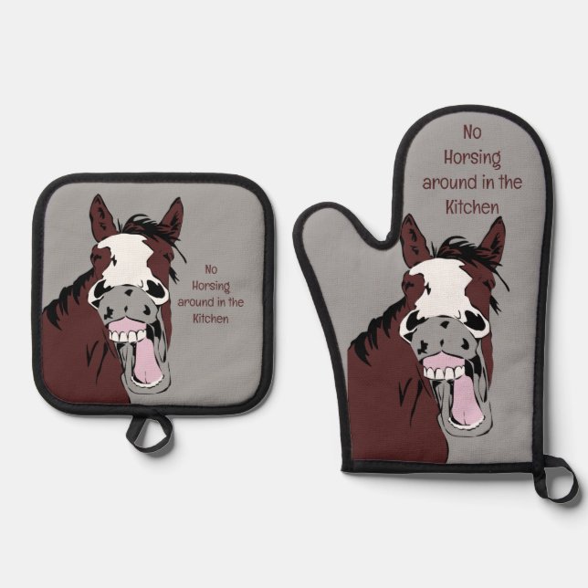 No Horsing Around in the Kitchen Fun Quote Oven Mitt & Pot Holder Set (Front)