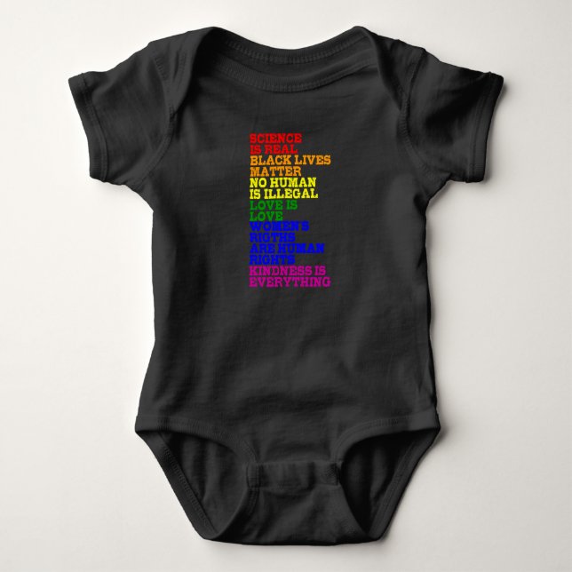 NO HUMAN IS ILLEGAL LGBT Pride Month LGBTQ Rainbow Baby Bodysuit (Front)