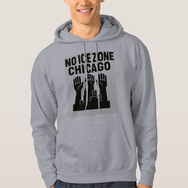No ICE Zone Hoodie – Raised Fists Over Chicago Sky (Front)