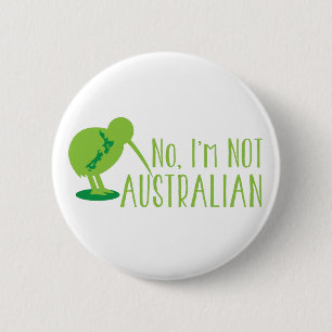 No, I'm NOT AUSTRALIAN (with kiwi bird and map) Button