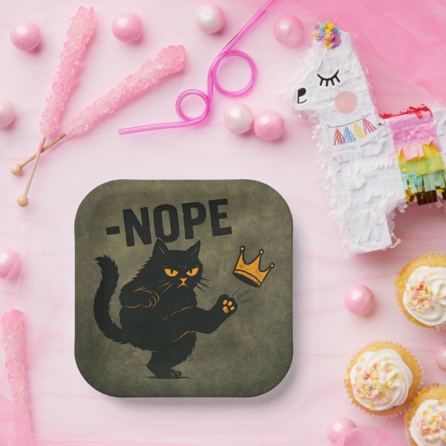 No Kings In America Black Cat Funny Kicking Crown Paper Plates (Party)