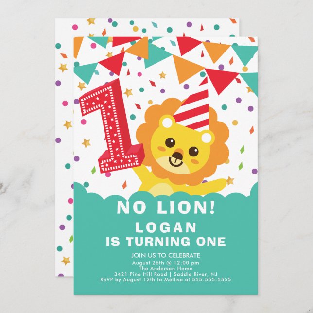 No Lion 1st Birthday Invitation (Front/Back)