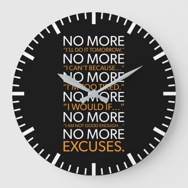 No More Excuses - Gym, Hustle, Success, Motivation Large Clock (Front)