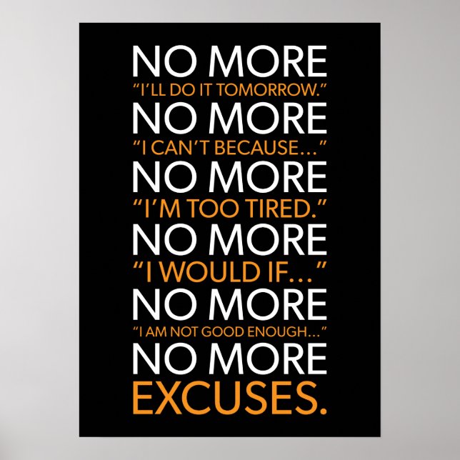 No More Excuses - Gym, Hustle, Success, Motivation Poster (Front)