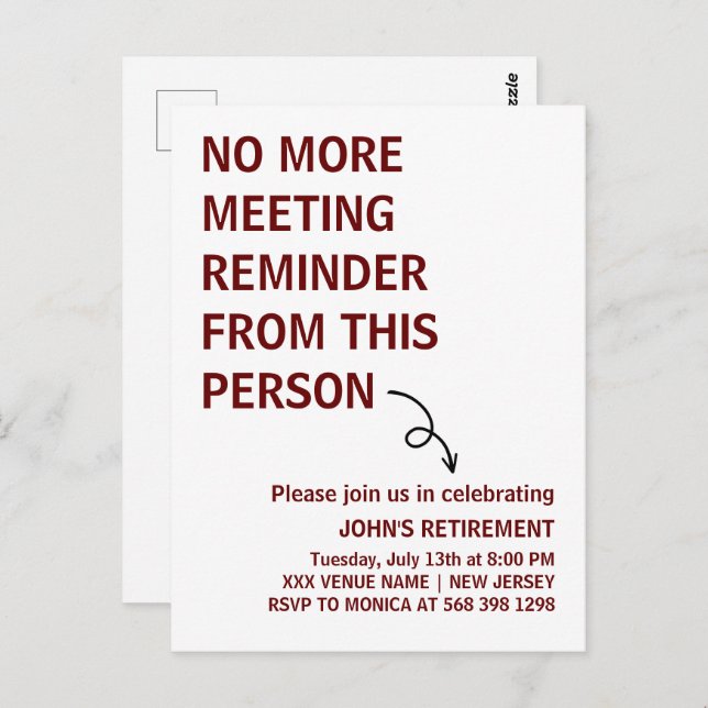 NO MORE MEETING REMINDER FROM THIS PERSON FUNNY  POSTCARD (Front/Back)
