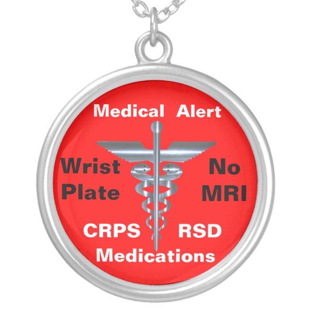 No MRI Medical Alert CRPS/RSD Medications Silver Plated Necklace (Front)