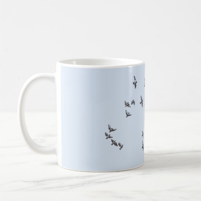 "No net ensnares me" + birds (black on pale blue) Coffee Mug (Left)